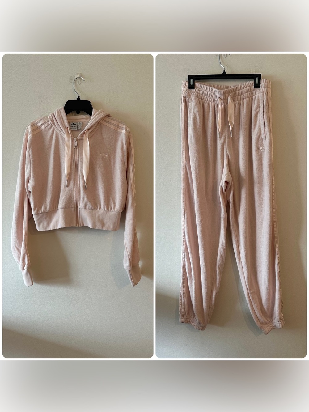 Adidas French Terry Baby Pink Ribbon Coquette Track Suit Set Hoodie Joggers L